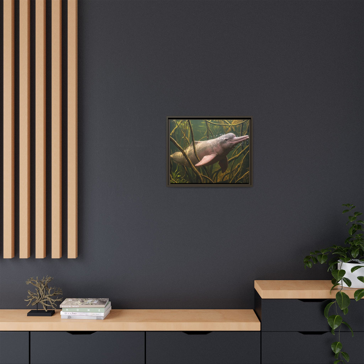Pink River Dolphin Underwater Scene Framed Matte Canvas