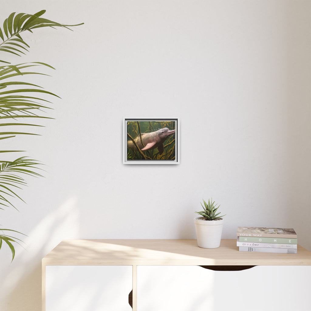 Pink River Dolphin Underwater Scene Framed Matte Canvas