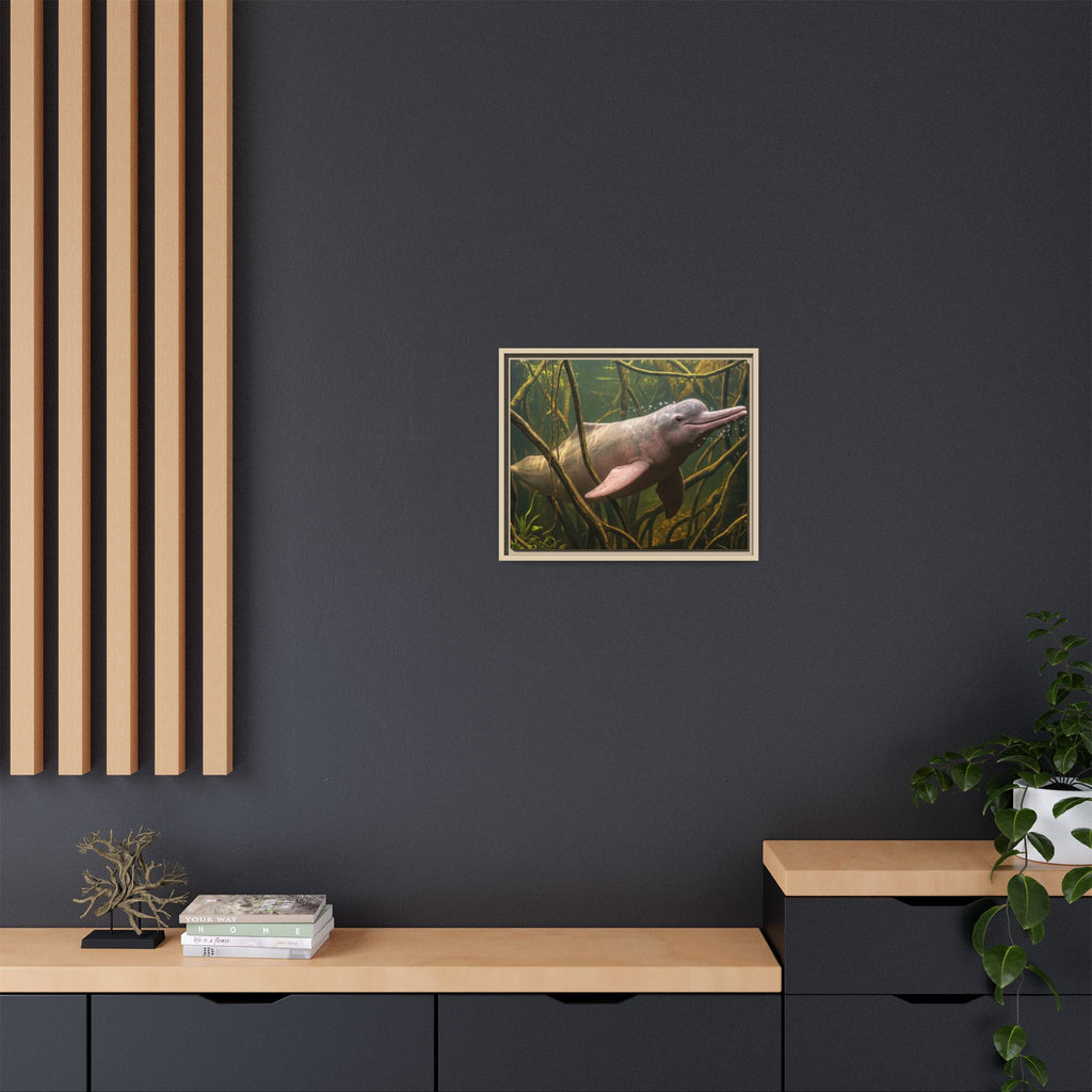 Pink River Dolphin Underwater Scene Framed Matte Canvas
