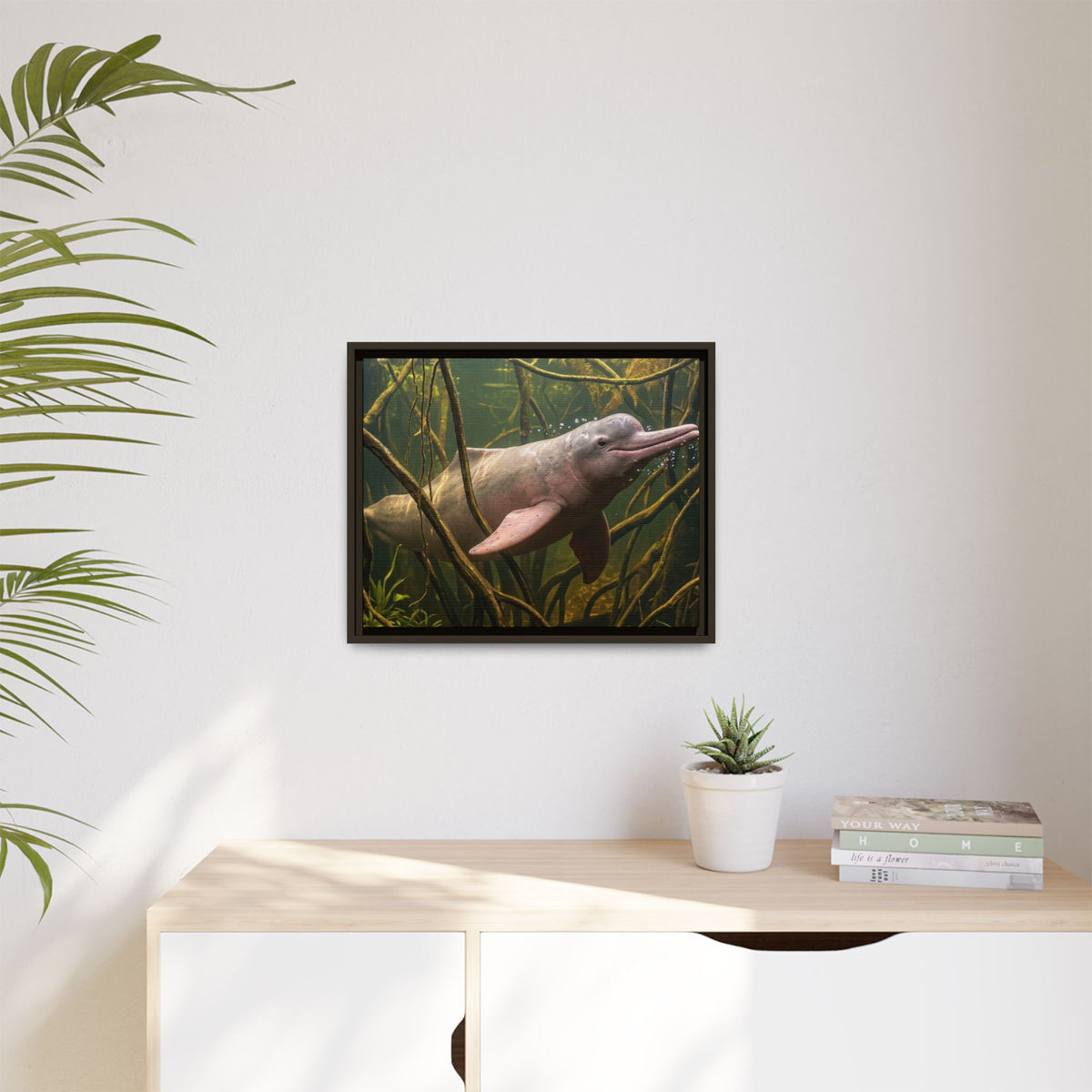 Pink River Dolphin Underwater Scene Framed Matte Canvas