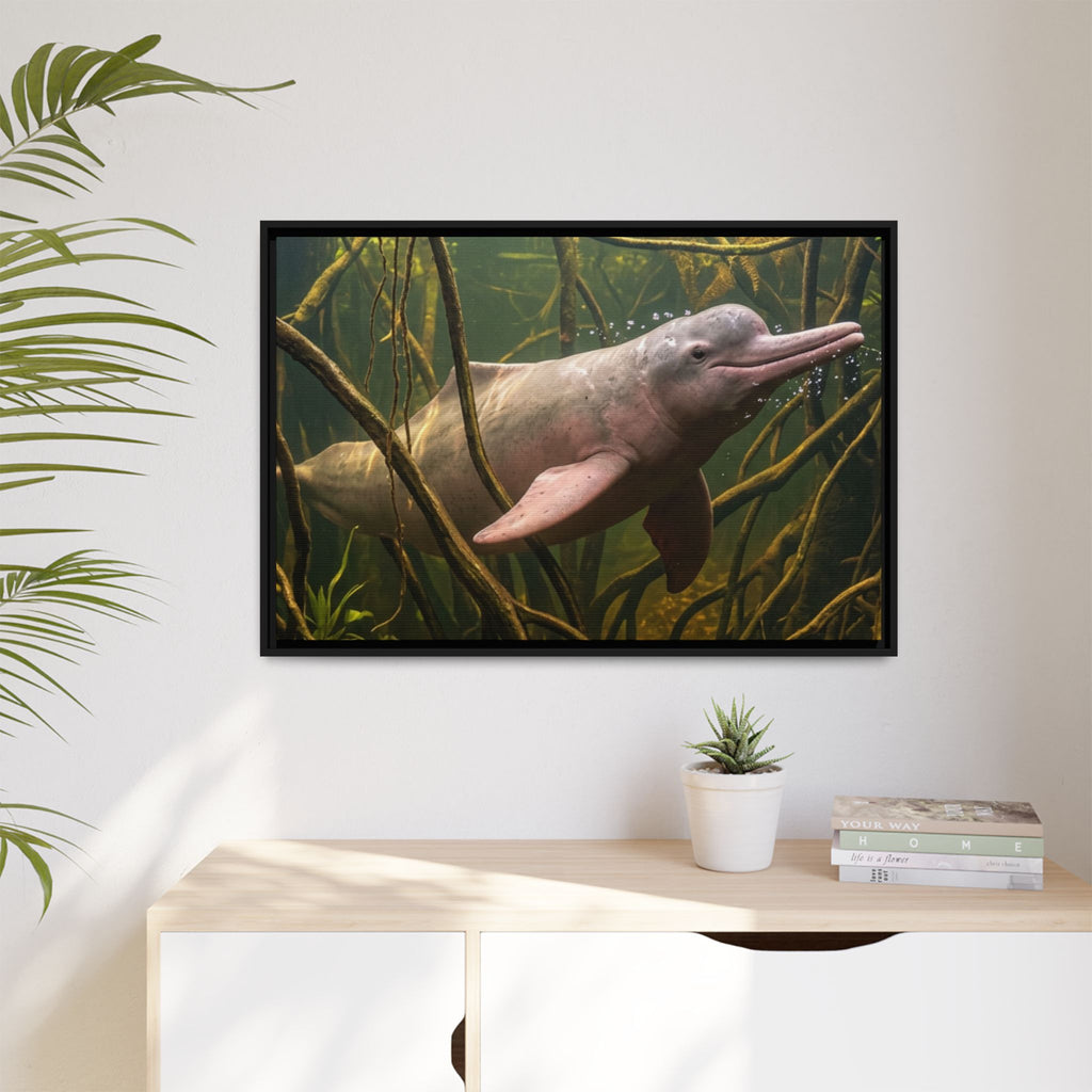 Pink River Dolphin Underwater Scene Framed Matte Canvas