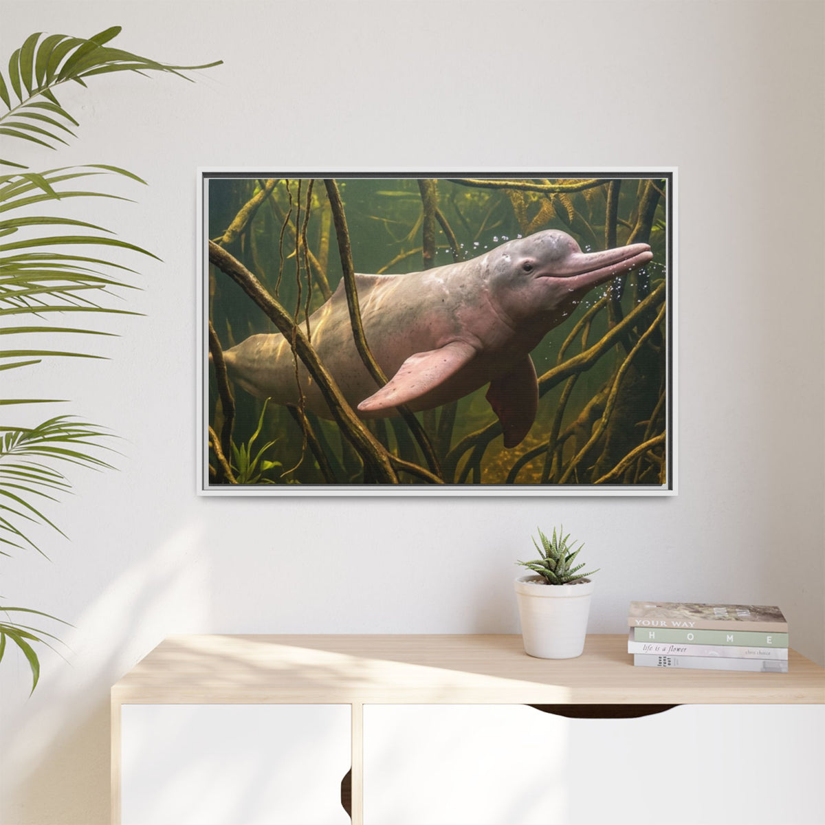 Pink River Dolphin Underwater Scene Framed Matte Canvas