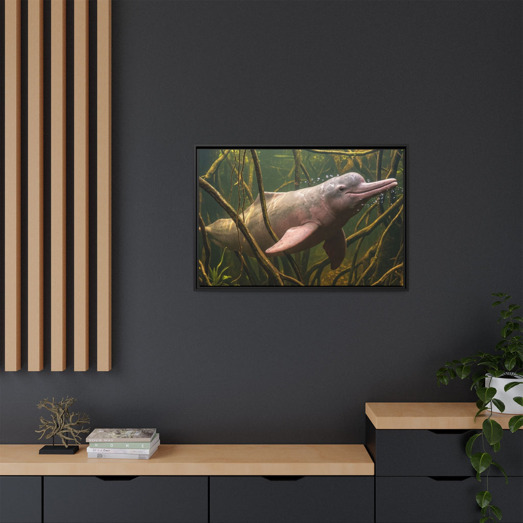 Pink River Dolphin Underwater Scene Framed Matte Canvas