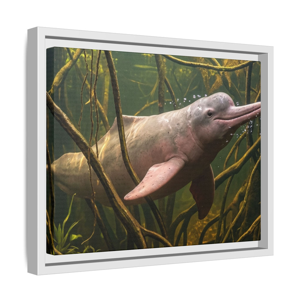 Pink River Dolphin Underwater Scene Framed Matte Canvas