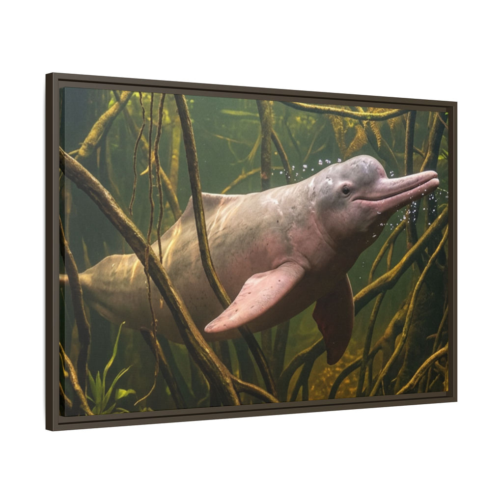 Pink River Dolphin Underwater Scene Framed Matte Canvas