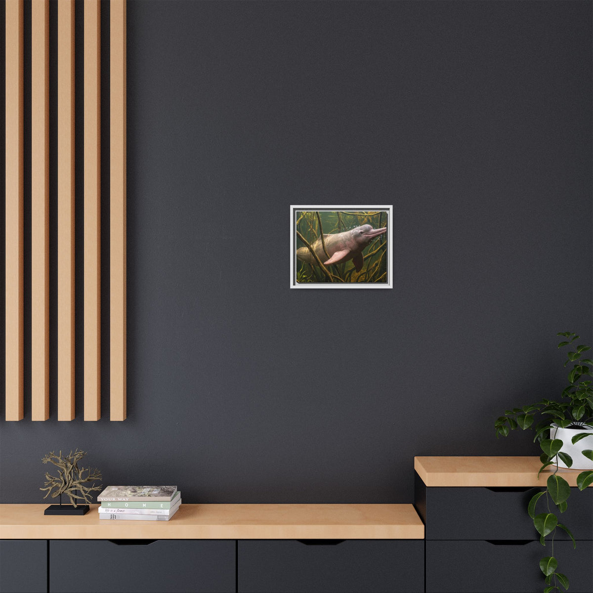 Pink River Dolphin Underwater Scene Framed Matte Canvas