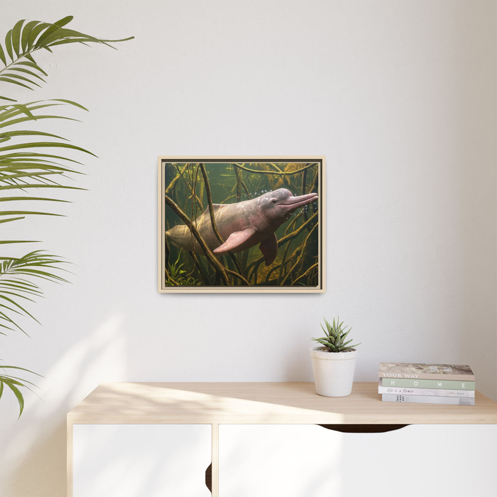 Pink River Dolphin Underwater Scene Framed Matte Canvas