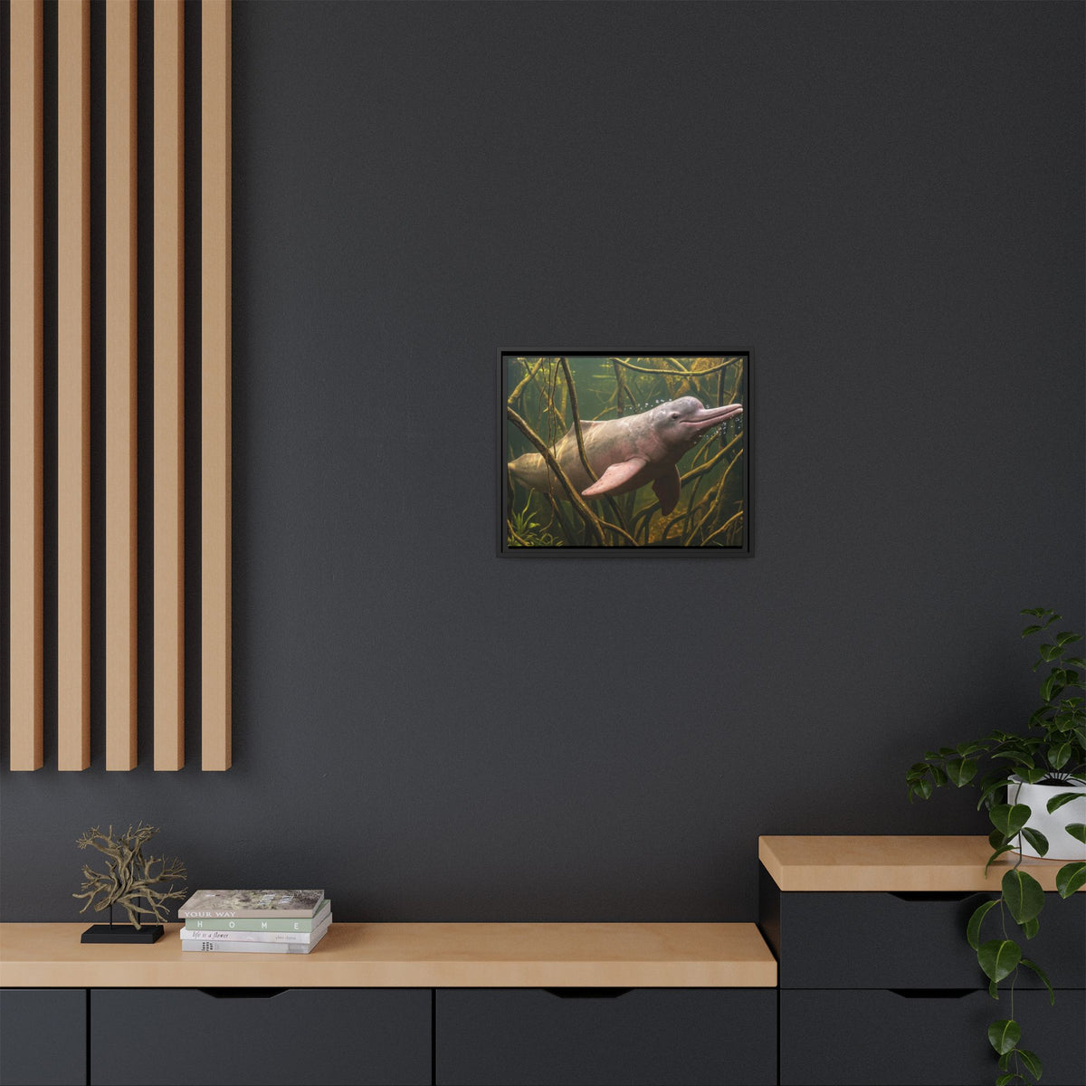 Pink River Dolphin Underwater Scene Framed Matte Canvas