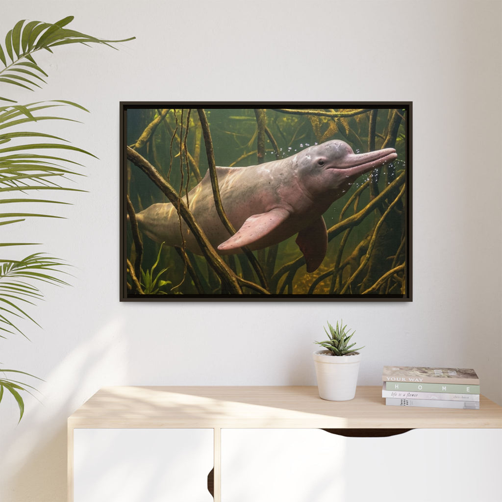 Pink River Dolphin Underwater Scene Framed Matte Canvas