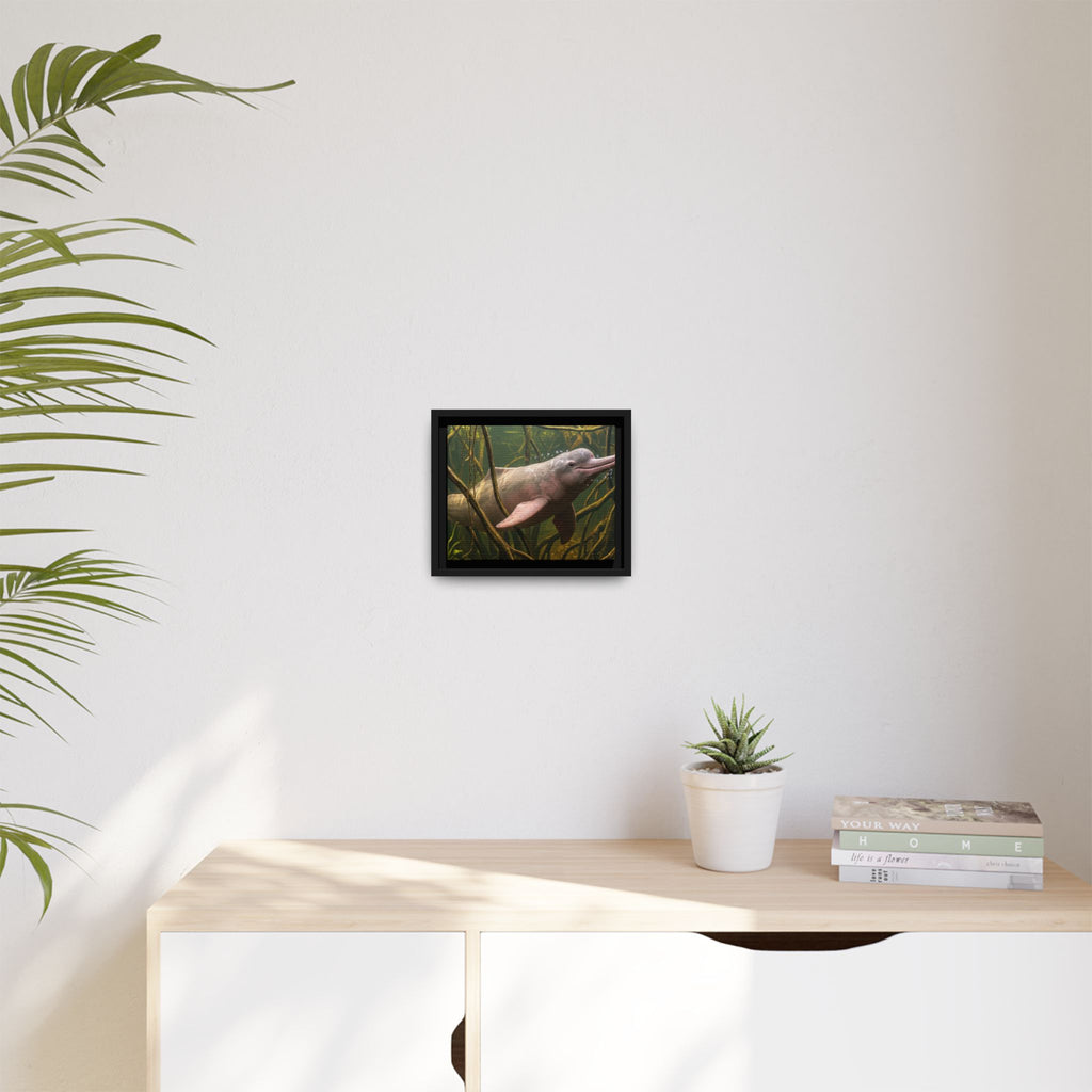 Pink River Dolphin Underwater Scene Framed Matte Canvas