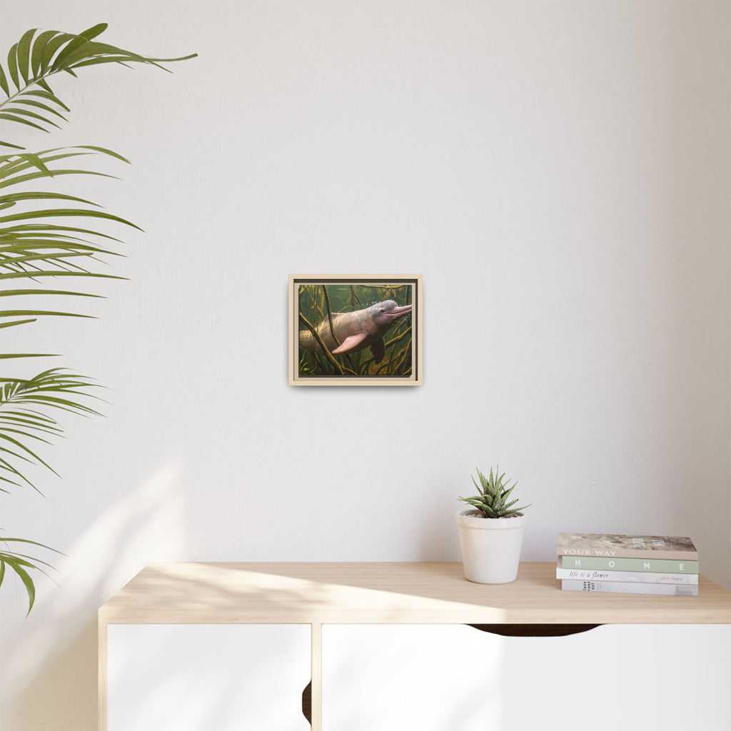 Pink River Dolphin Underwater Scene Framed Matte Canvas