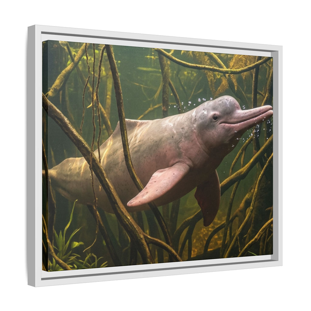 Pink River Dolphin Underwater Scene Framed Matte Canvas