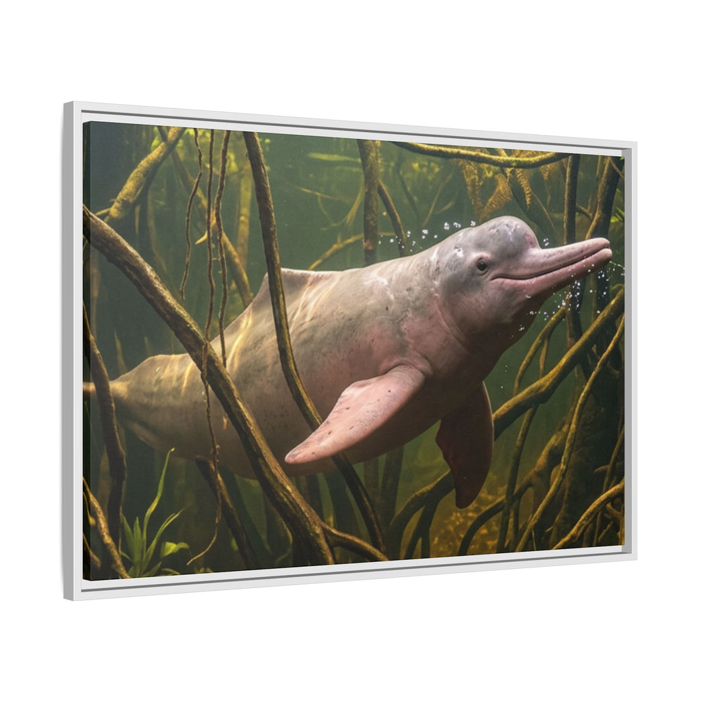 Pink River Dolphin Underwater Scene Framed Matte Canvas