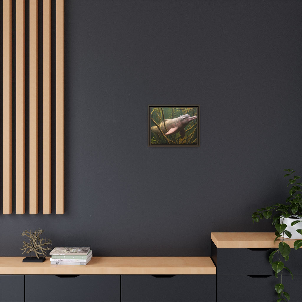 Pink River Dolphin Underwater Scene Framed Matte Canvas