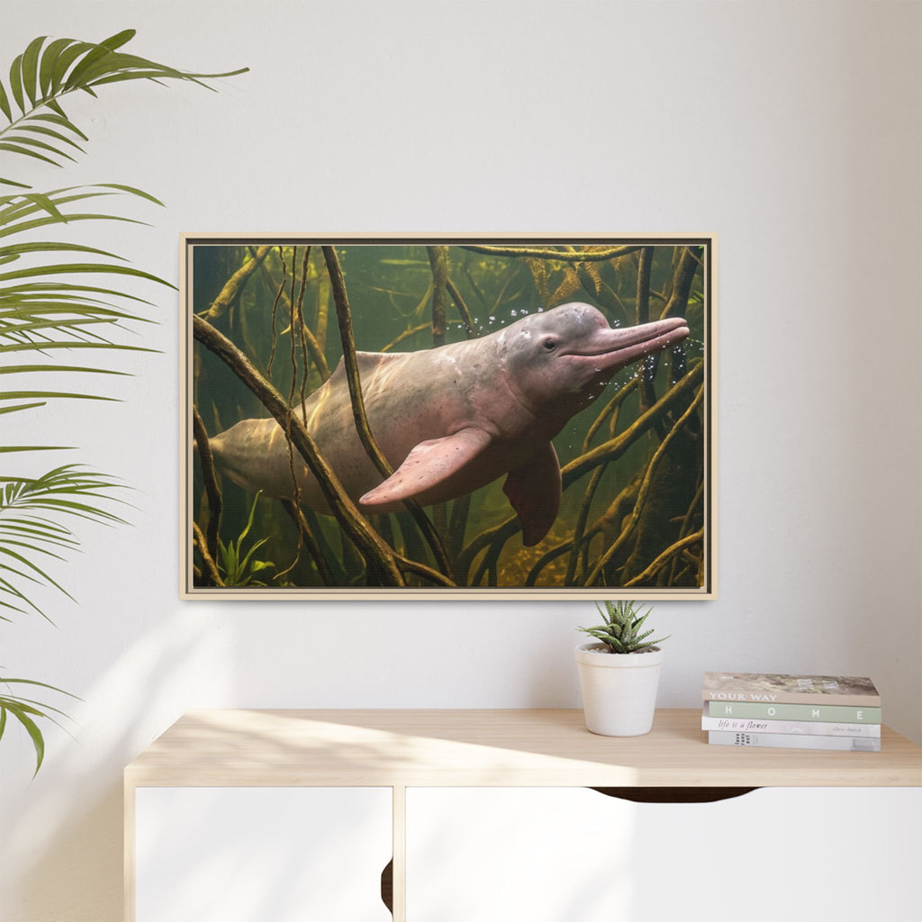 Pink River Dolphin Underwater Scene Framed Matte Canvas