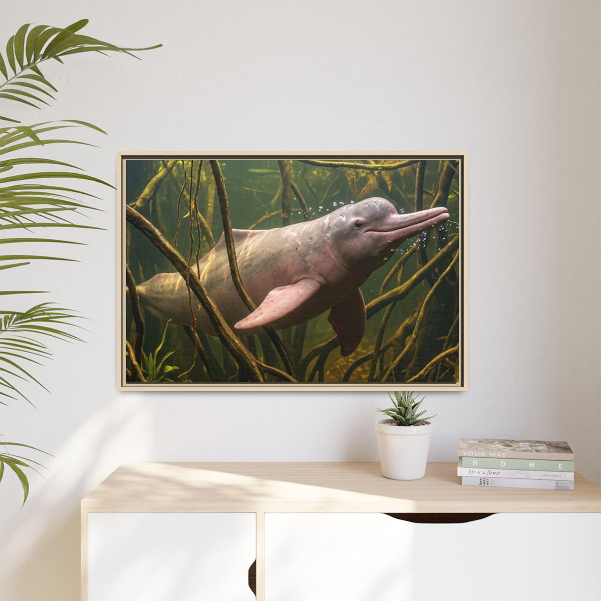 Pink River Dolphin Underwater Scene Framed Matte Canvas