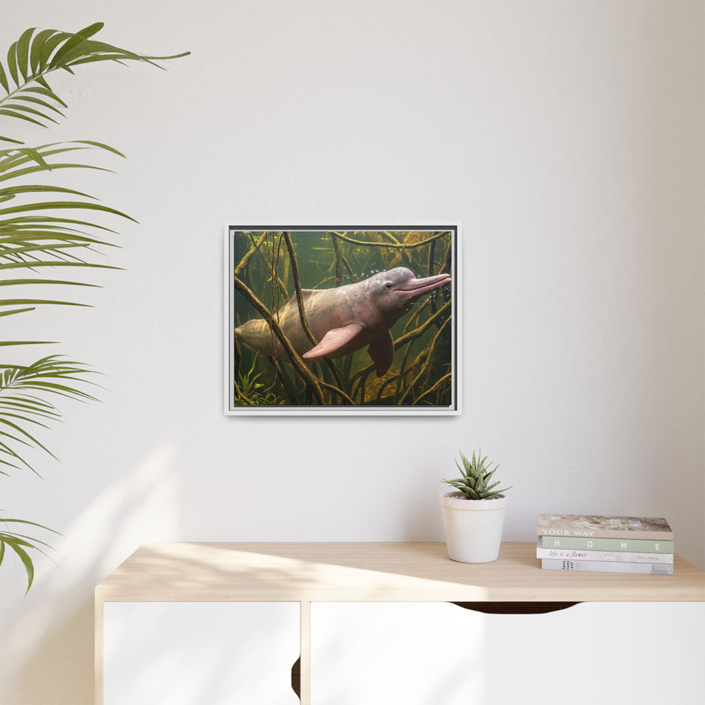 Pink River Dolphin Underwater Scene Framed Matte Canvas