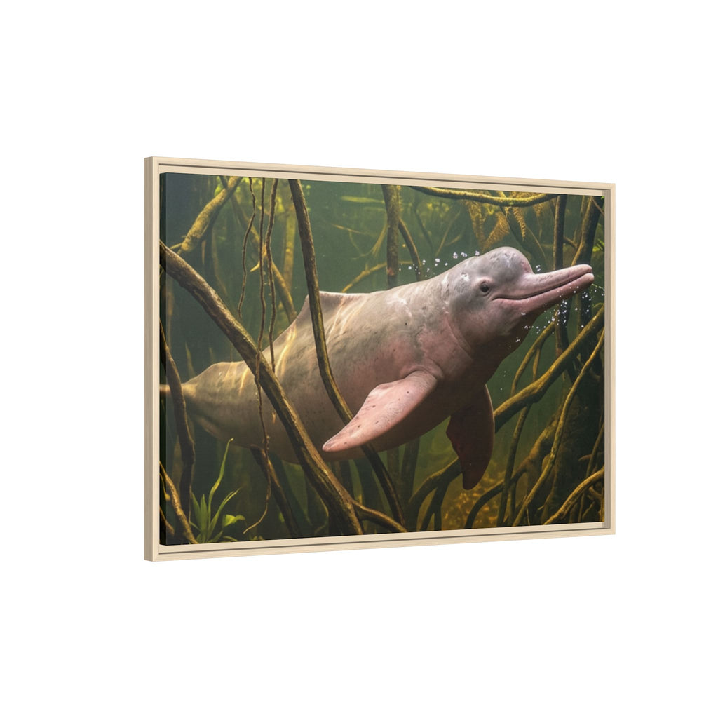 Pink River Dolphin Underwater Scene Framed Matte Canvas