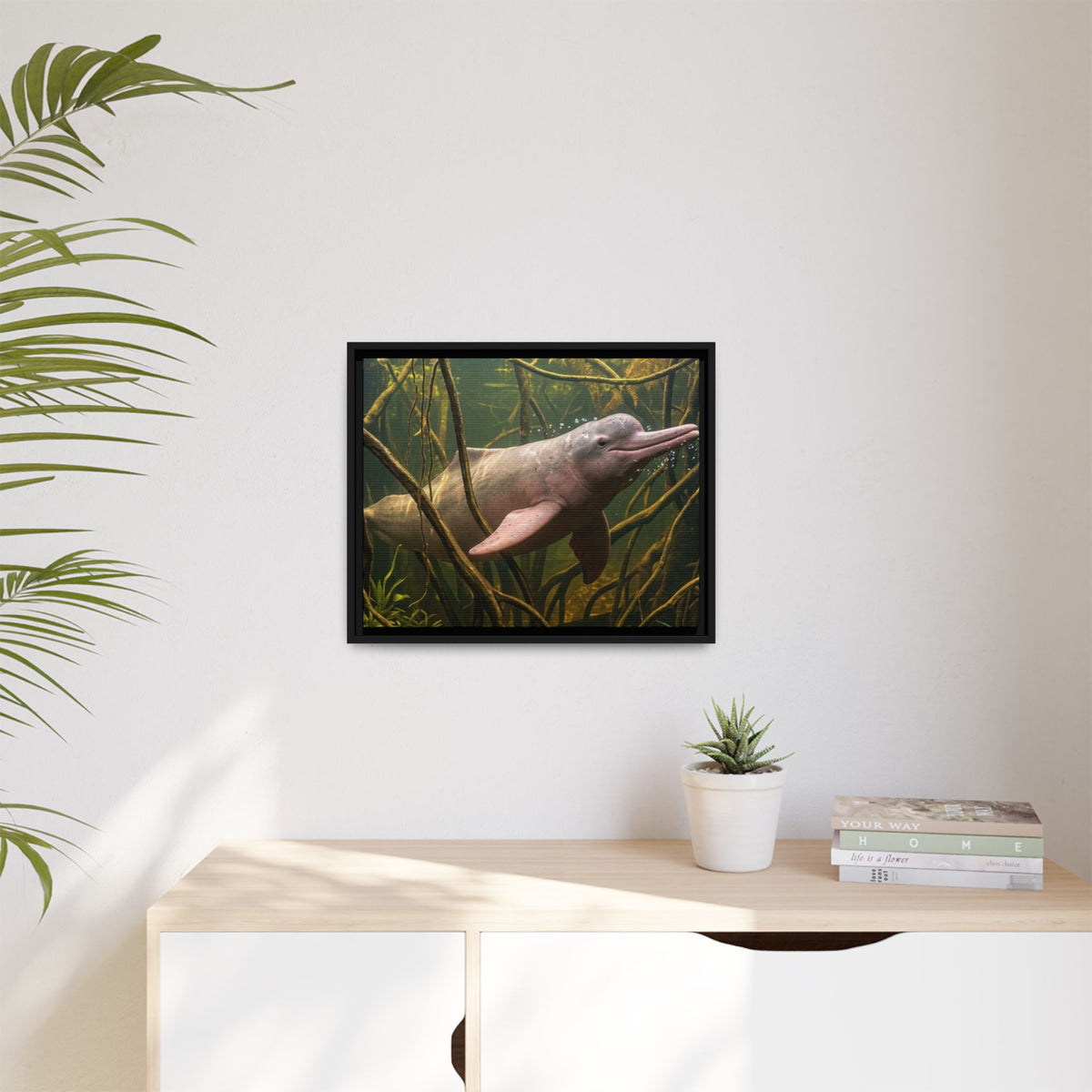 Pink River Dolphin Underwater Scene Framed Matte Canvas