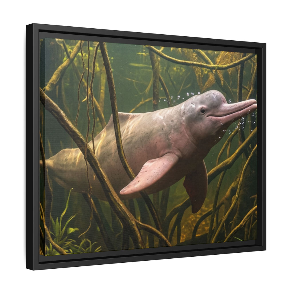 Pink River Dolphin Underwater Scene Framed Matte Canvas