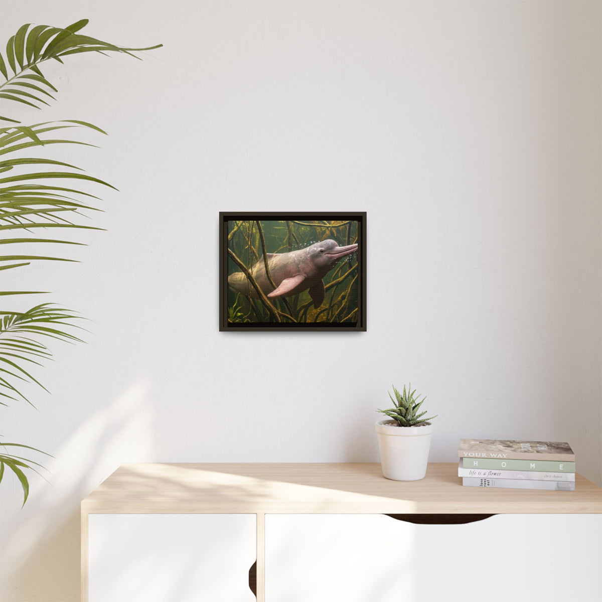 Pink River Dolphin Underwater Scene Framed Matte Canvas